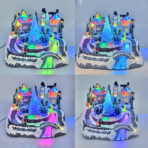 Christmas Village Snowy Fountain Milky Way River Musical Multicolor LED Light Up